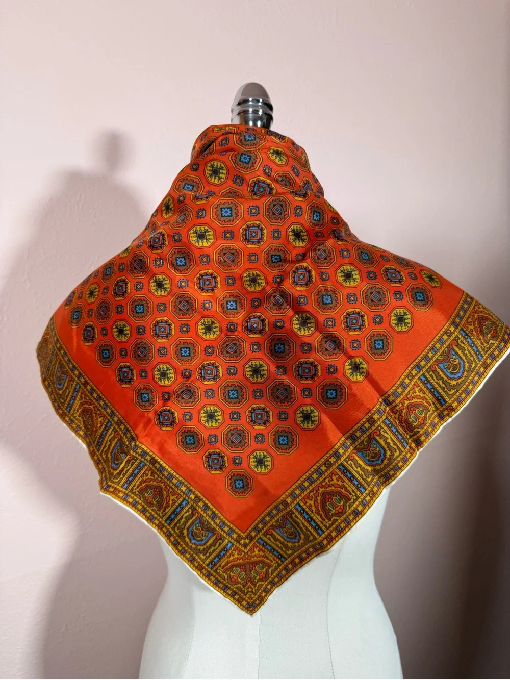Vintage Art deco burnt orange blue geometric modernist square scarf